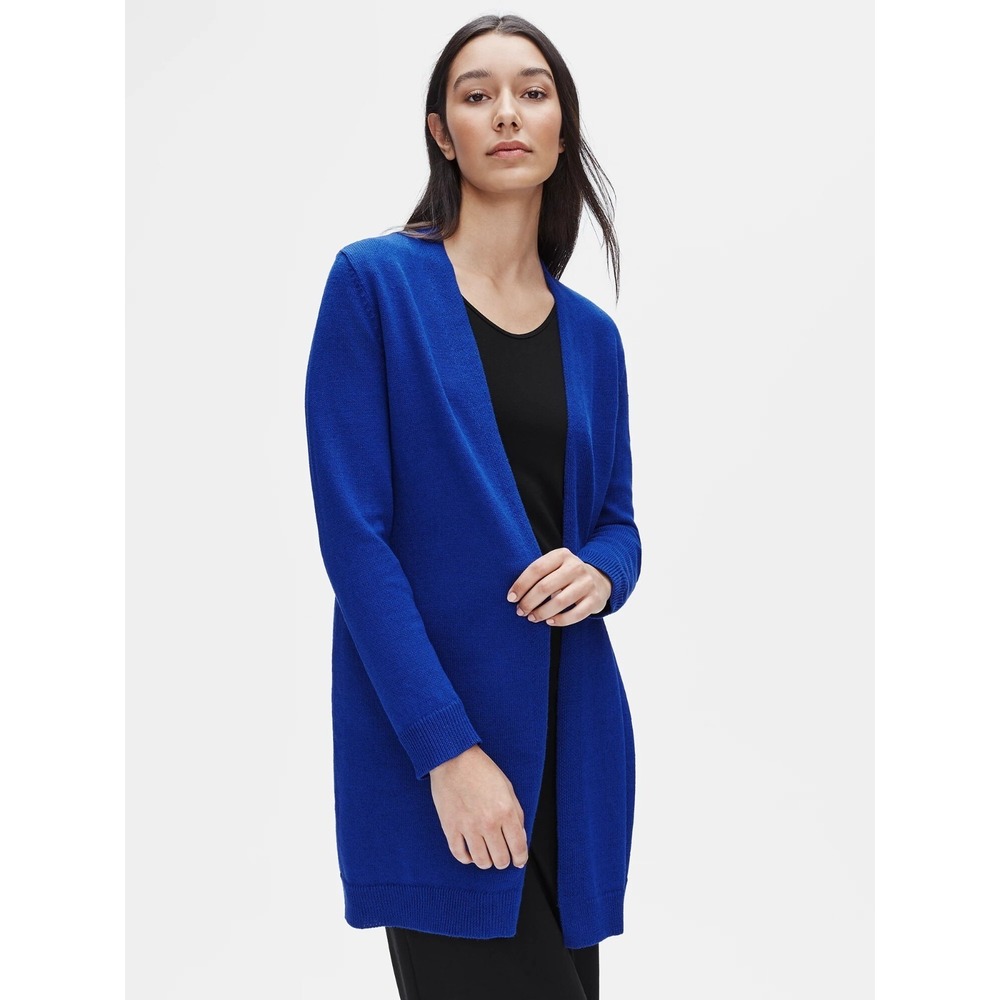 Eileen‎ Fisher Organic Linen Cotton Long Blue Cardigan Sweater Thin Knit